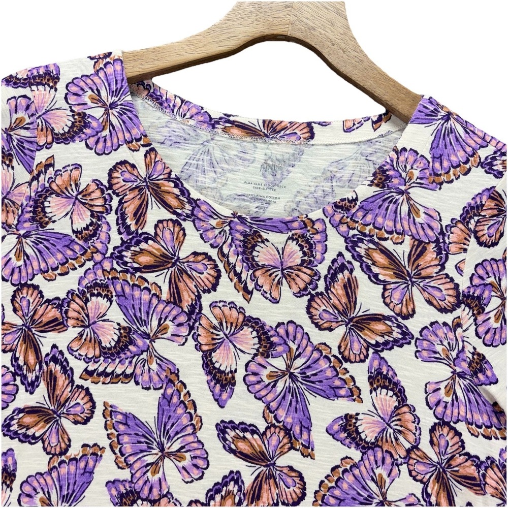J Jill Pima Slub Scoop Neck Side Slit Tee Shirt Womens Med Tall Butterflies